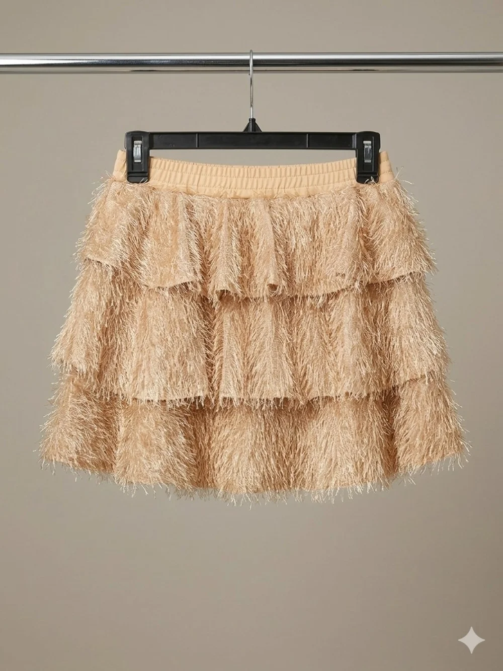 Grace Karin Beige Tiered Fringe Mini Skirt